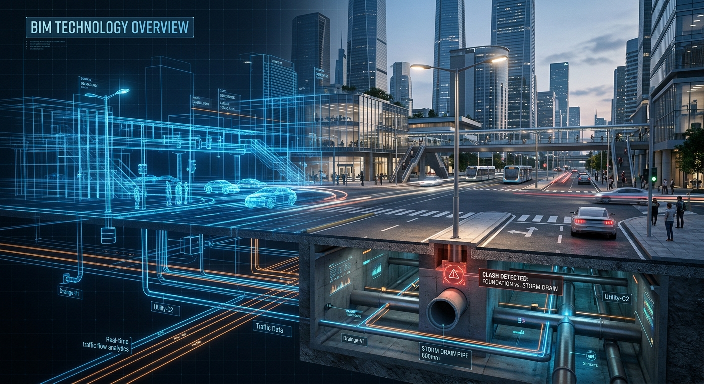 המחשה של טכנולוגיית BIM בתכנון תשתיות עיר חכמה, המציגה מודל תלת-מימד של רחוב ומערכות תת-קרקעיות עם התרעה על זיהוי התנגשויות.